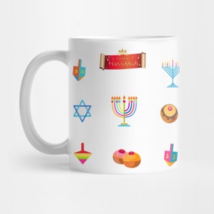 Jewish Holiday Hanukkah Menorah traditional Chanukah symbols - wooden dreidels (spinning top), Torah, donuts, menorah candles, oil jar, star David glowing lights pattern Kids Party Mug